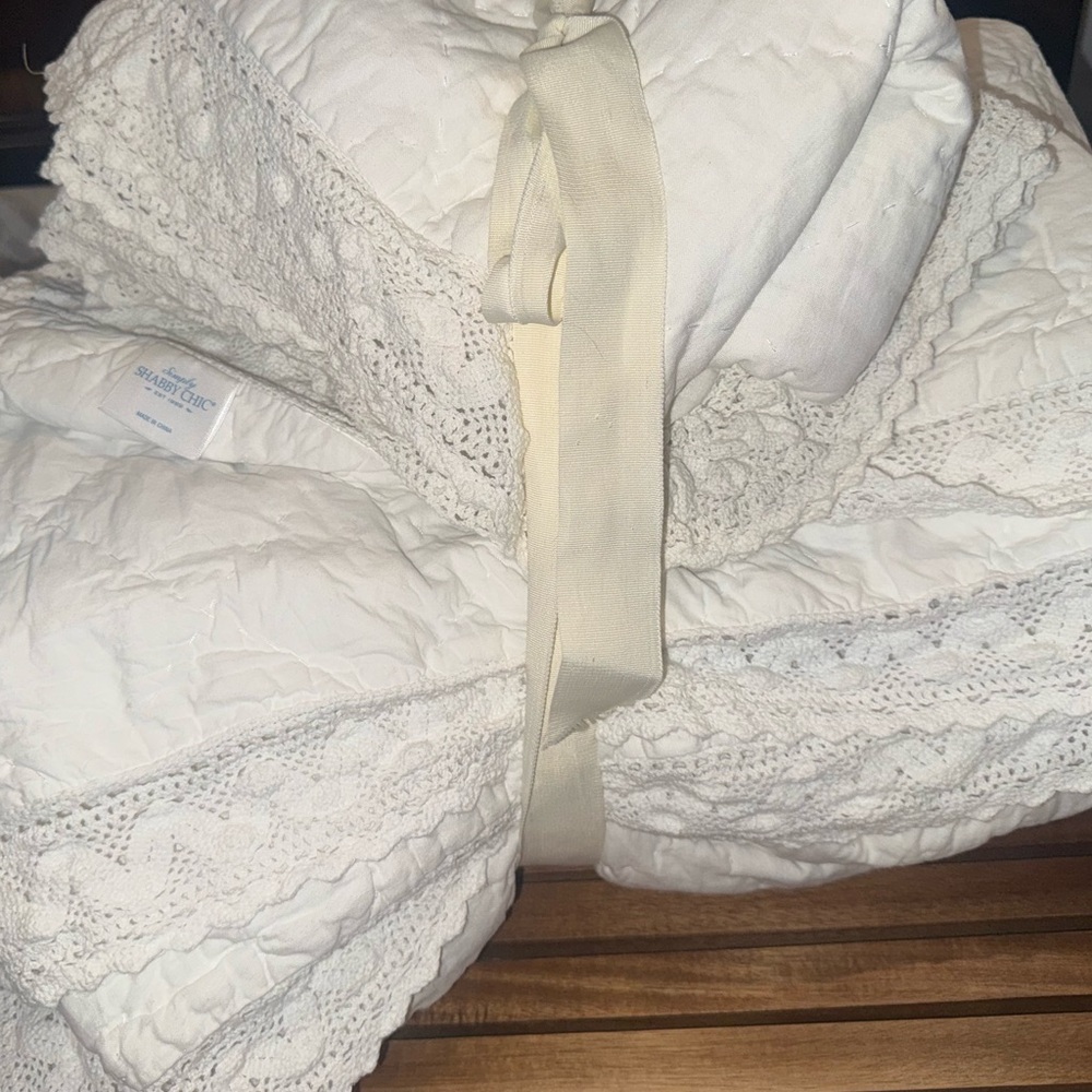 Simply Shabby Chic 3pc Quilt Shams Set Linen Blend Crochet Trim White Full Queen - Picture 2 of 16